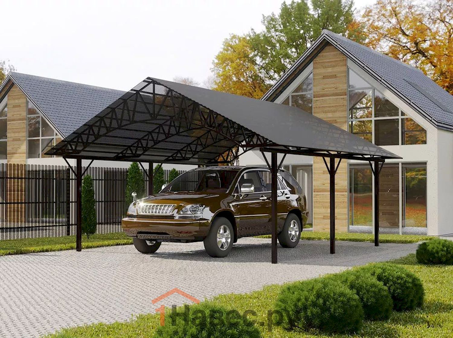 Двускатный расширенный навес из металлочерепицы